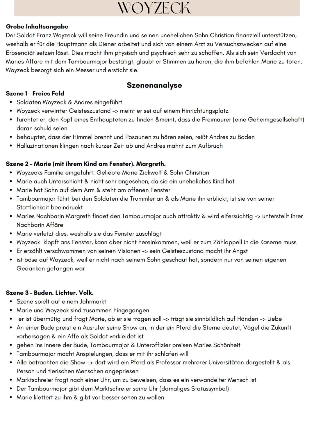 WOYZECK
Grobe Inhaltsangabe
Der Soldat Franz Woyzeck will seine Freundin und seinen unehelichen Sohn Christian finanziell unterstützen,
wesh