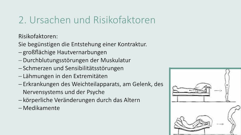 KONTRAKTURPROPHYLAXE Gliederung
• Thema/Problem
●
●
Ursachen und Risikofaktoren
Symptome und Auswirkungen
Maßnahmen
Übungen
on 1. Thema/Prob
