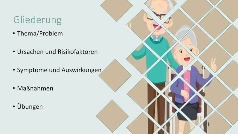 KONTRAKTURPROPHYLAXE Gliederung
• Thema/Problem
●
●
Ursachen und Risikofaktoren
Symptome und Auswirkungen
Maßnahmen
Übungen
on 1. Thema/Prob
