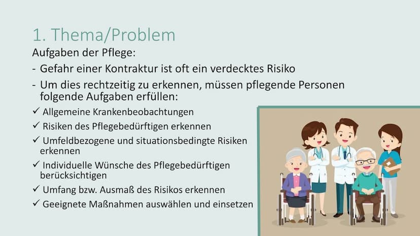 KONTRAKTURPROPHYLAXE Gliederung
• Thema/Problem
●
●
Ursachen und Risikofaktoren
Symptome und Auswirkungen
Maßnahmen
Übungen
on 1. Thema/Prob