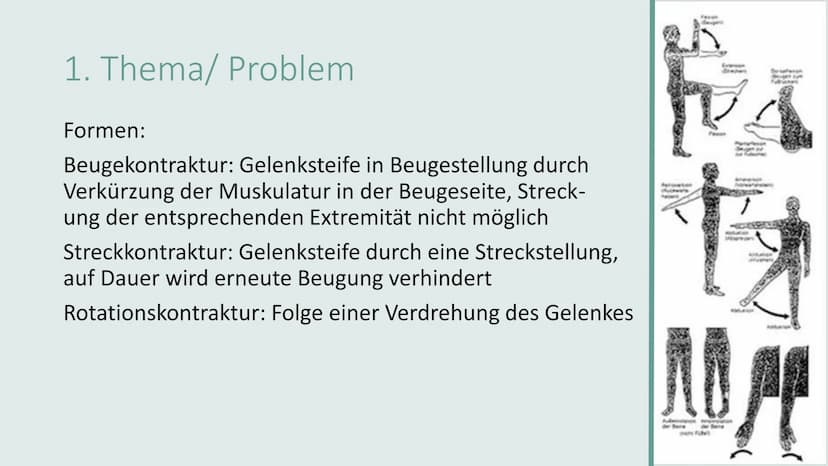 KONTRAKTURPROPHYLAXE Gliederung
• Thema/Problem
●
●
Ursachen und Risikofaktoren
Symptome und Auswirkungen
Maßnahmen
Übungen
on 1. Thema/Prob