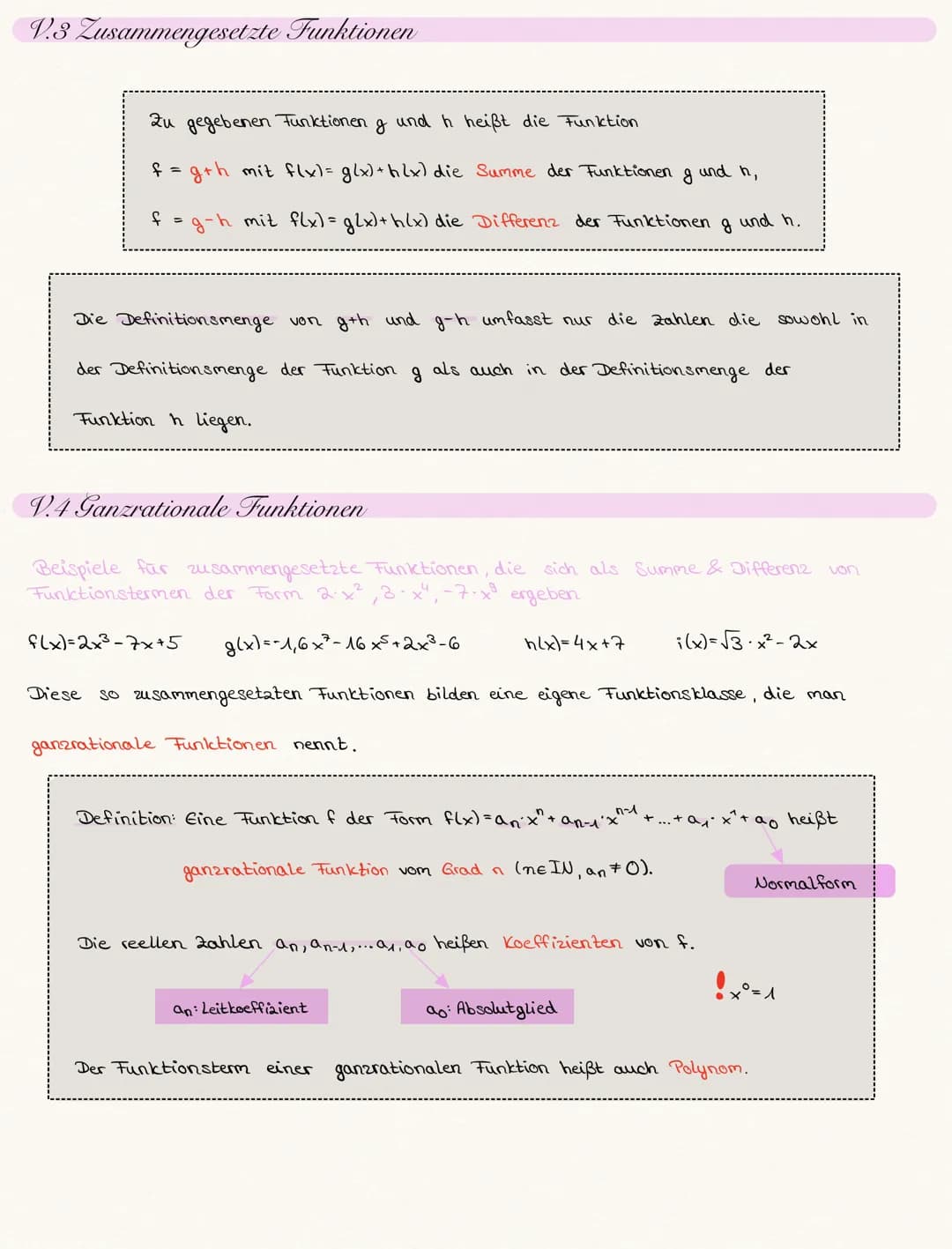 V. Funktionen und ihre Graphen
V.1 Funktionen-
Wiederholung der Schreibweise f(x), Sprechweisen und typische Fragestellungen
Folgende Funkti