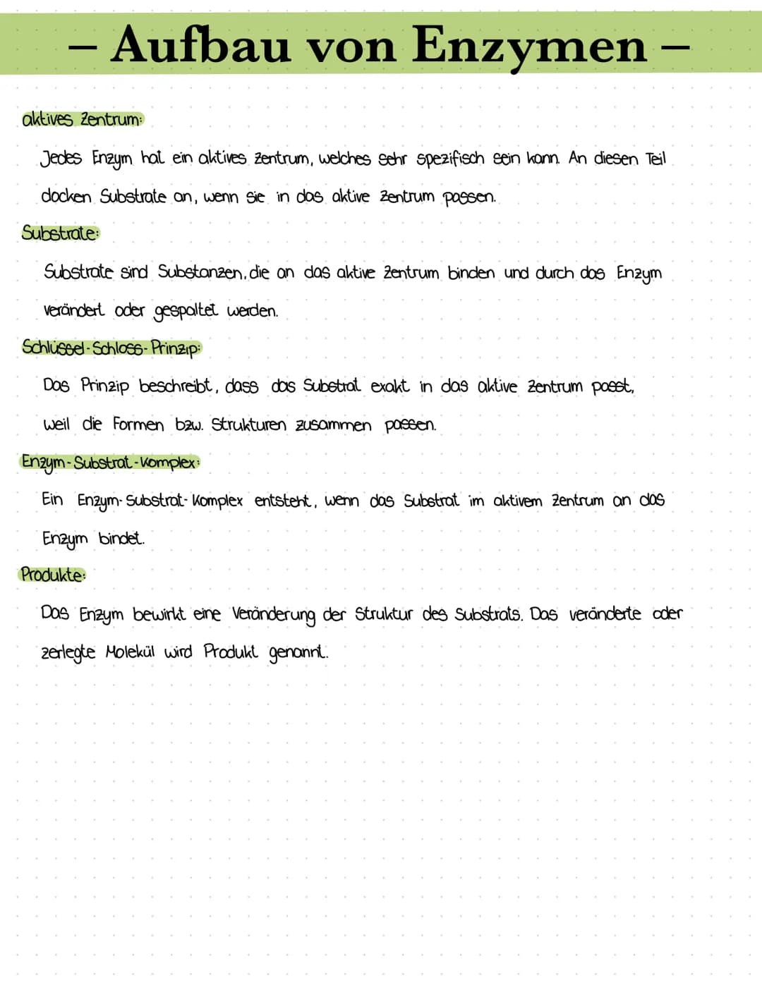– Enzymgleichung/-reaktion –
•E+S = Enzym-Substrat- Komplex = E+P
Das Substrat bindet an das aktive Zentrum des Enzyms
↳ Enzym-Substrat - Ko