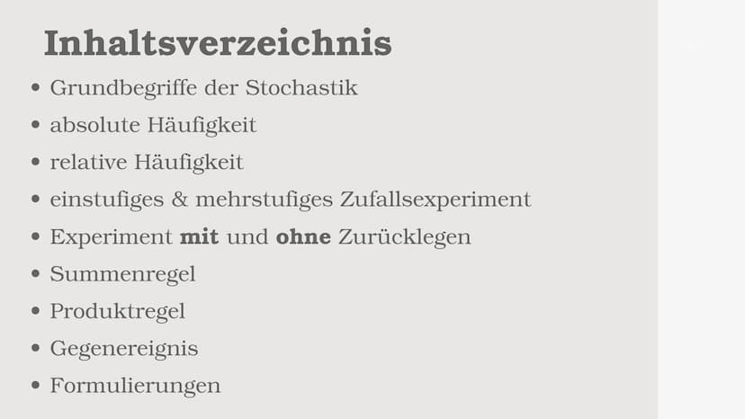 Stochastik
e Inhaltsverzeichnis
• Grundbegriffe der Stochastik
• absolute Häufigkeit
• relative Häufigkeit
• einstufiges & mehrstufiges Zufa