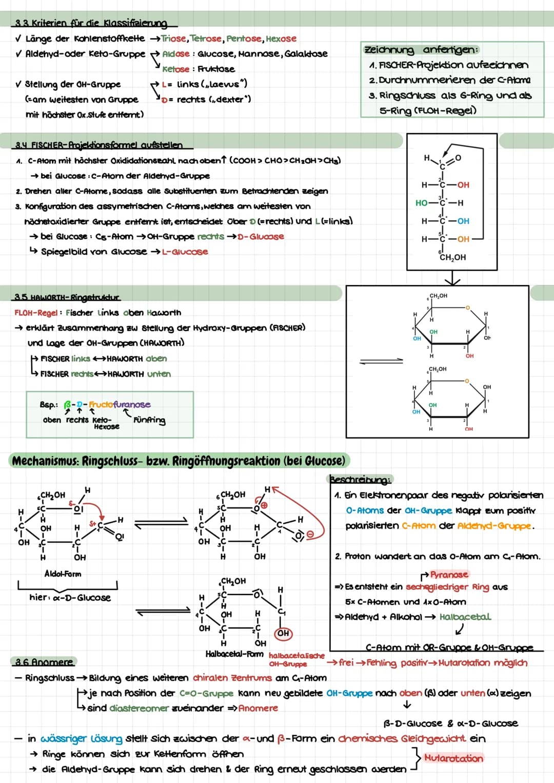 Themen
- Mechanismus: Esterbildung/Esterspaltung (sauer) ✓
- Honosaccharide: Glucose, Fructose v
HD- und L-Konfiguration ✓
FISCHER & HAWORTH