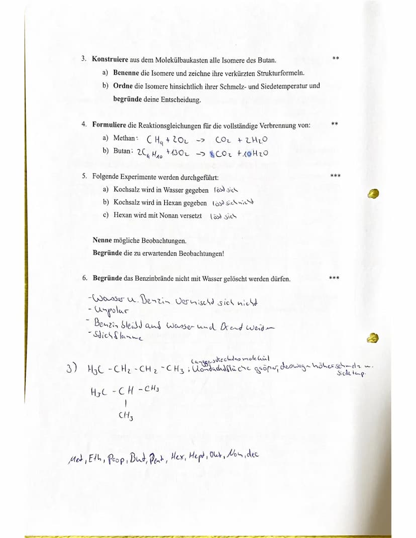 B Schülerexperiment
,,Brennbarkeit der Alkane"
Aufgabe:
Untersuche Methan, Pentan, Octan und Eicosan auf ihre Brennbarkeit!
Klassenstufe B
V