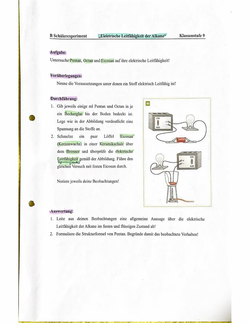 B Schülerexperiment
,,Brennbarkeit der Alkane"
Aufgabe:
Untersuche Methan, Pentan, Octan und Eicosan auf ihre Brennbarkeit!
Klassenstufe B
V
