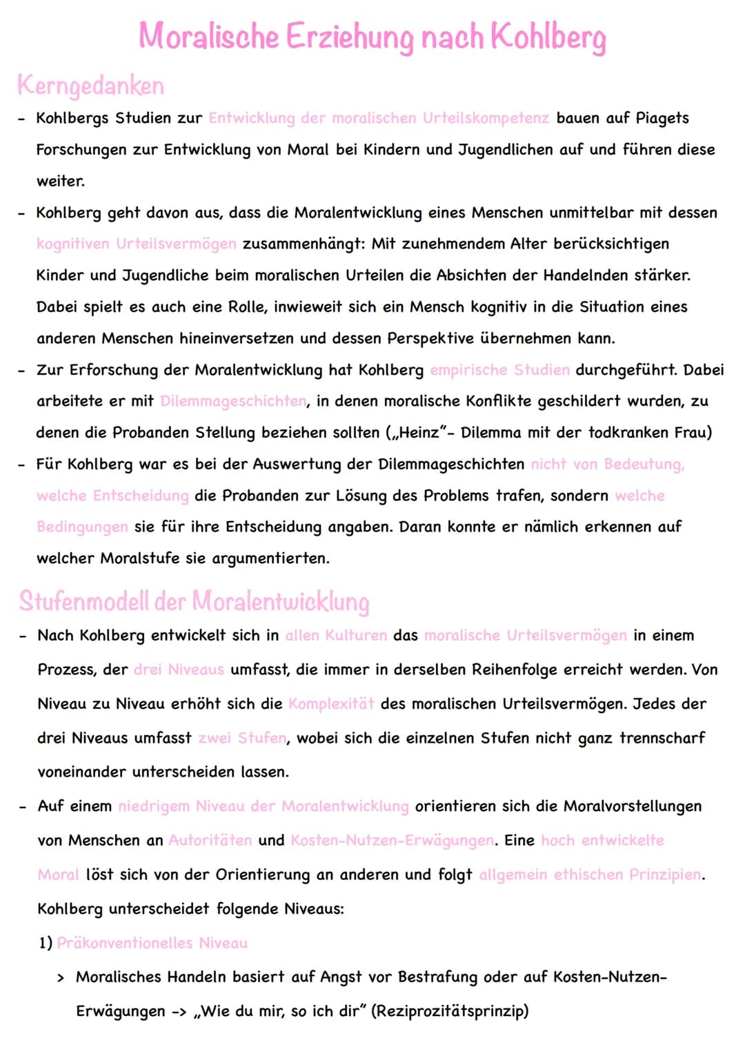Moralische Erziehung nach Kohlberg
Kerngedanken
- Kohlbergs Studien zur Entwicklung der moralischen Urteilskompetenz bauen auf Piagets
Forsc