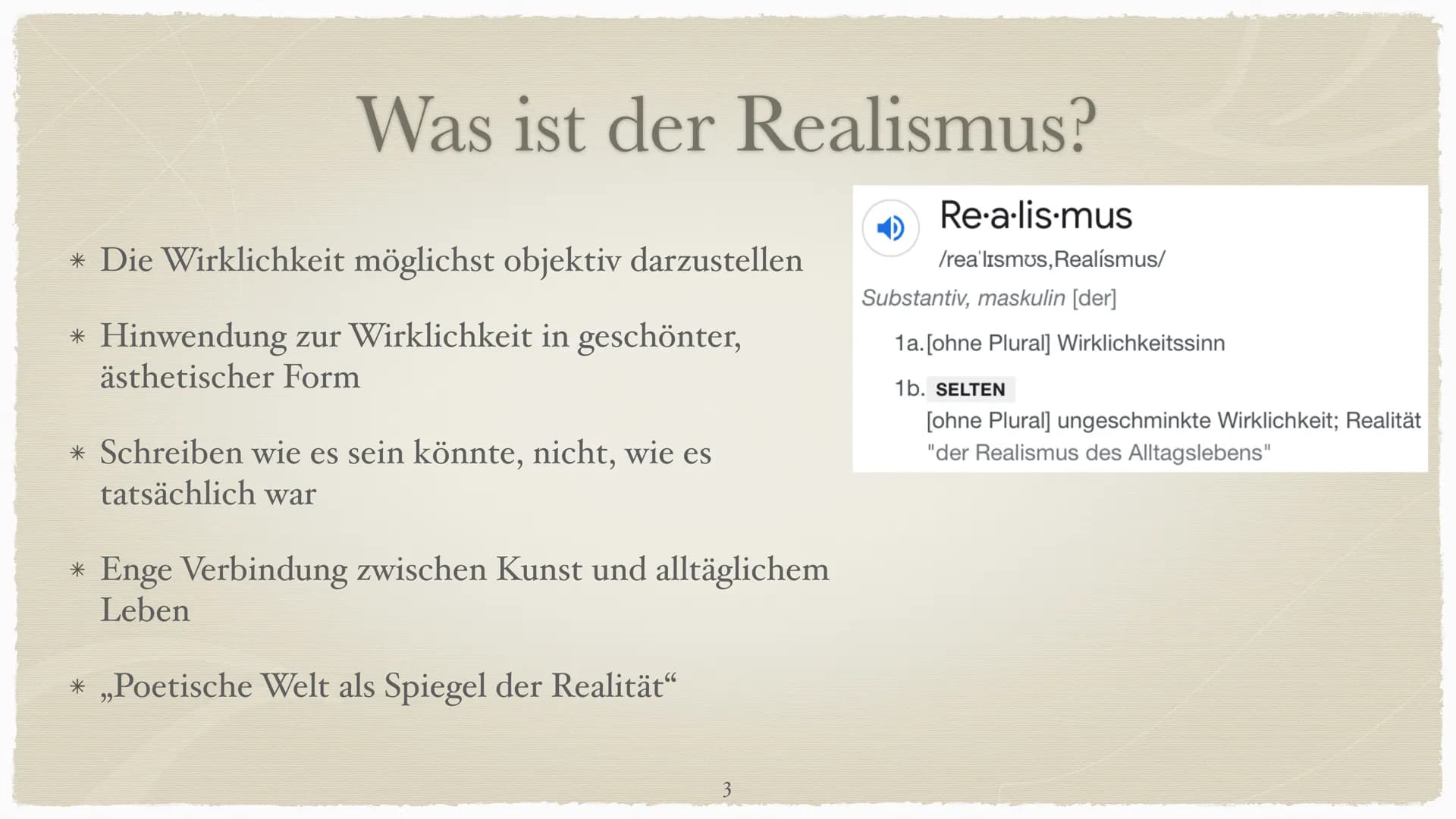REALISMUS
Epoche der schönen Wirklichkeit
(1848-1890) 1. Was ist der Realismus?
2. Vorstellung: bürgerlicher und poetischer Realismus
Histor