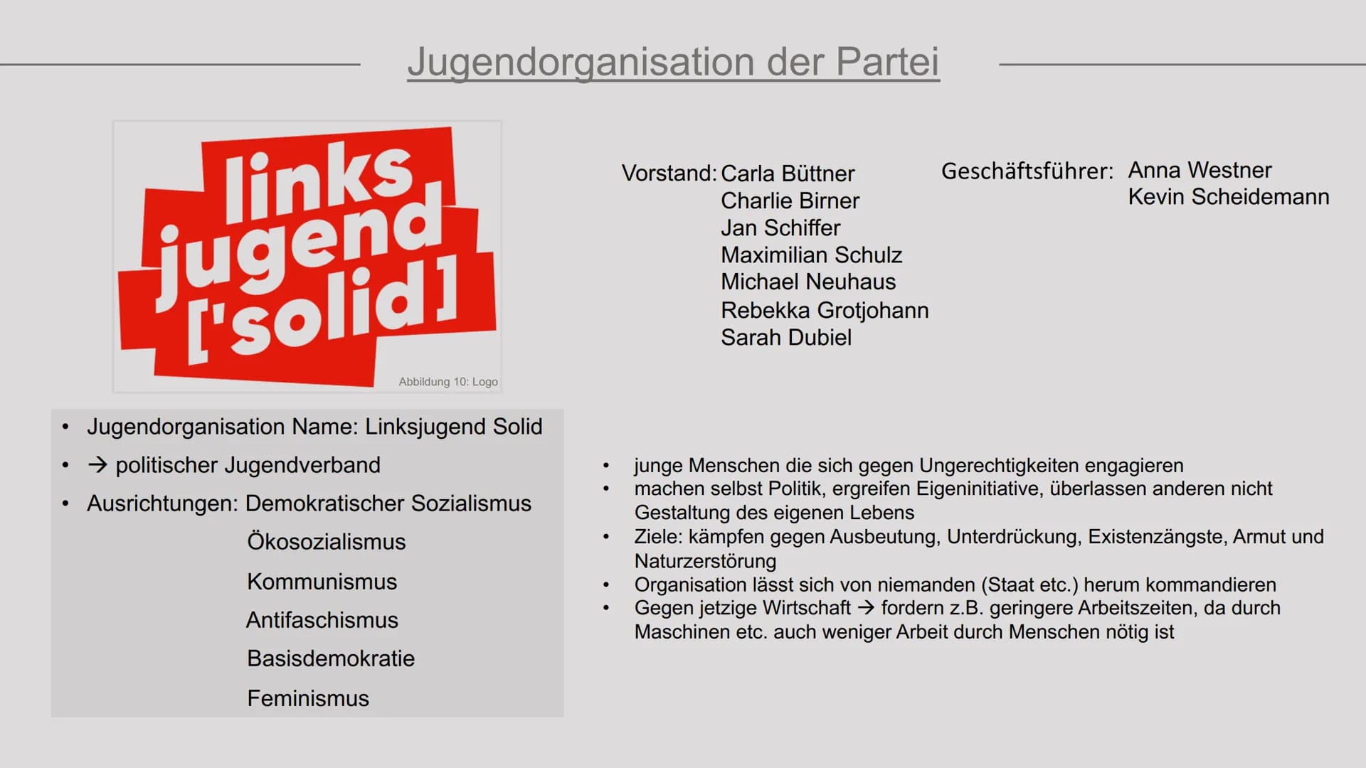 DIE LINKE.
COTONE
Präsentation von Sarah Grabow
Klasse 9a Folie 1: Deckblatt
• Folie 2: Gliederung
Folie 3: Ideologie
Folie 4: historische E
