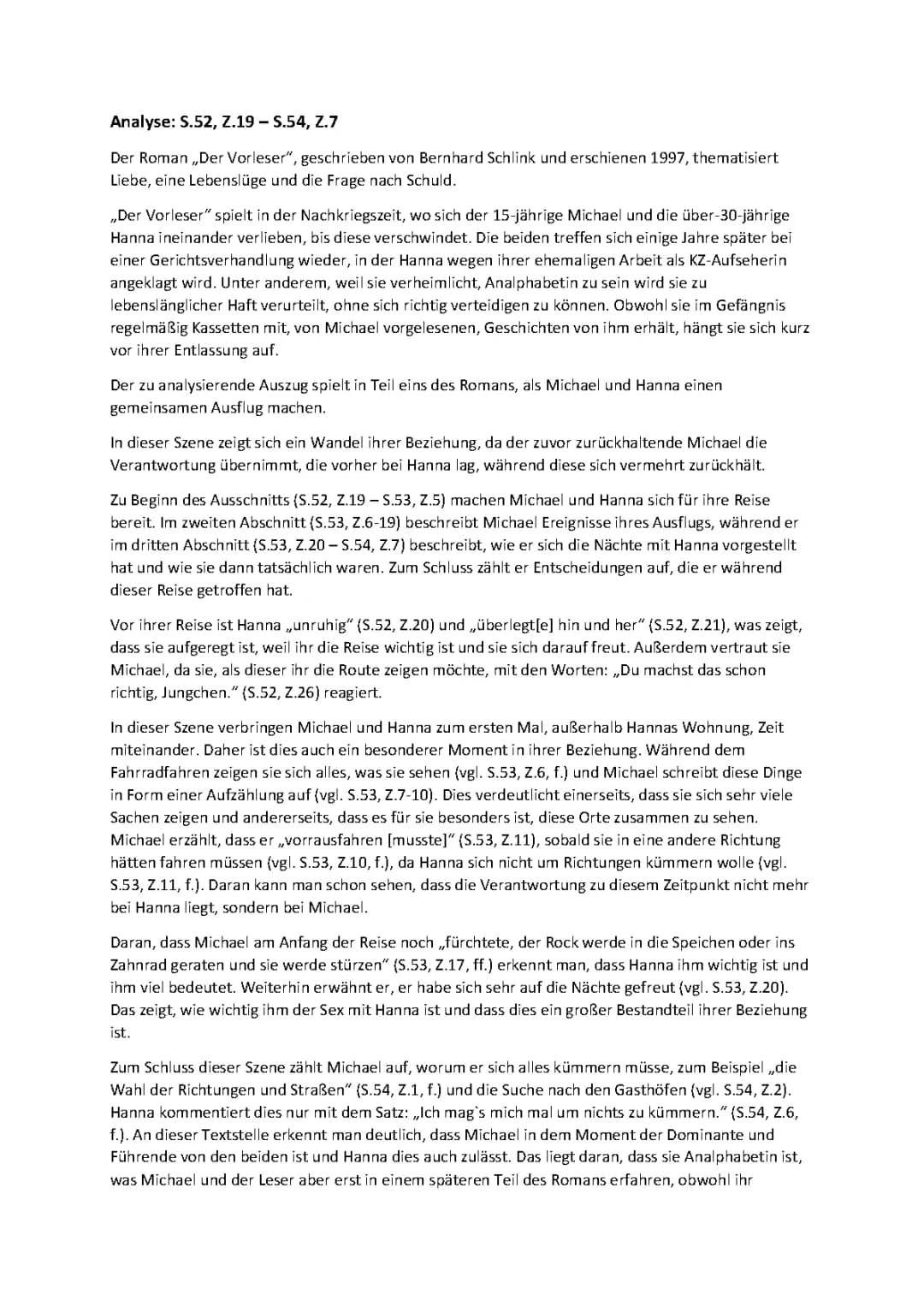 Der Vorleser: Wichtige Textstellen, Zusammenfassung und Charakterisierung von Hanna und Michael