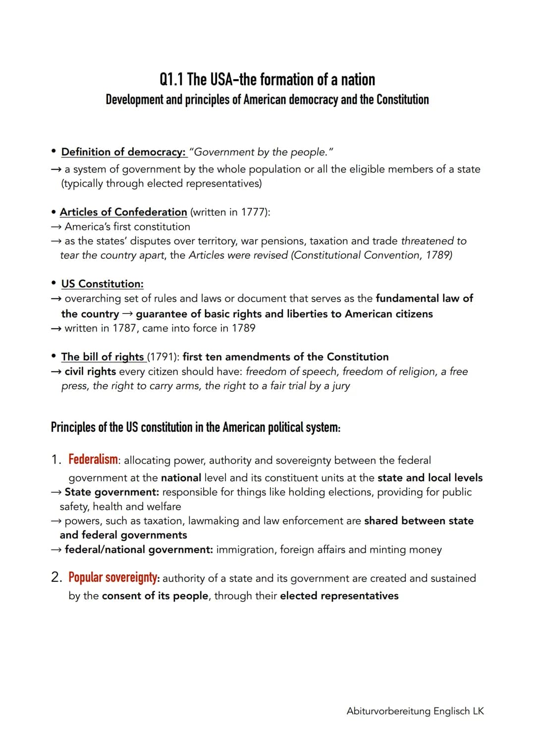 Q1.1 The USA-the formation of a nation
Development and principles of American democracy and the Constitution
• Definition of democracy: "Gov