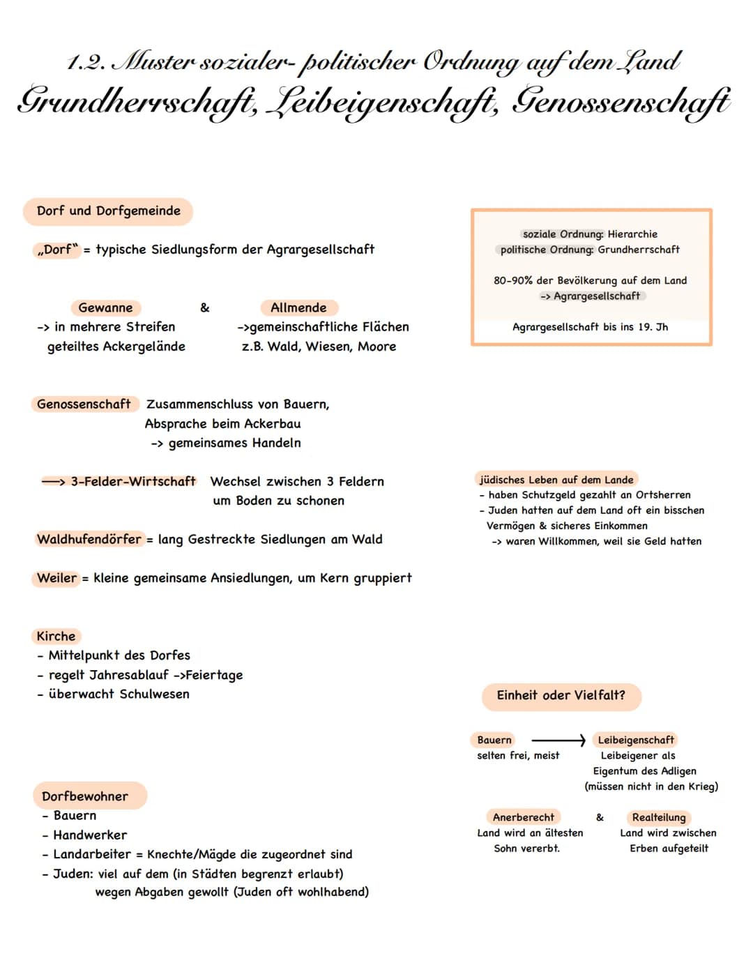 1.2. Muster sozialer-politischer Ordnung auf dem Land
Grundherrschaft, Leibeigenschaft,
Genossenschaft
Dorf und Dorfgemeinde
,,Dorf" = typis