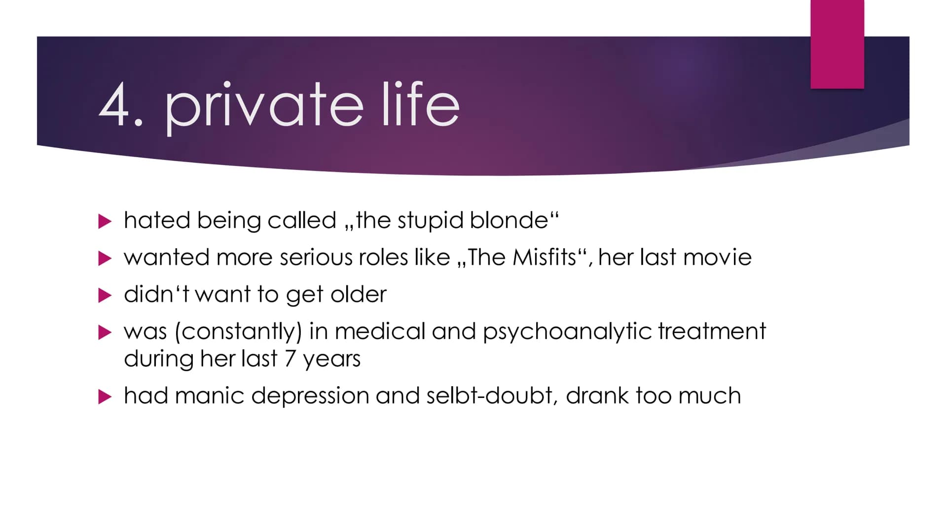 Annalena
Structure:
1.basic facts
2.life
3.movies
4.private life
5.theories of death
2.life:
-photo of marilyn
1.basic facts:
-real name: No