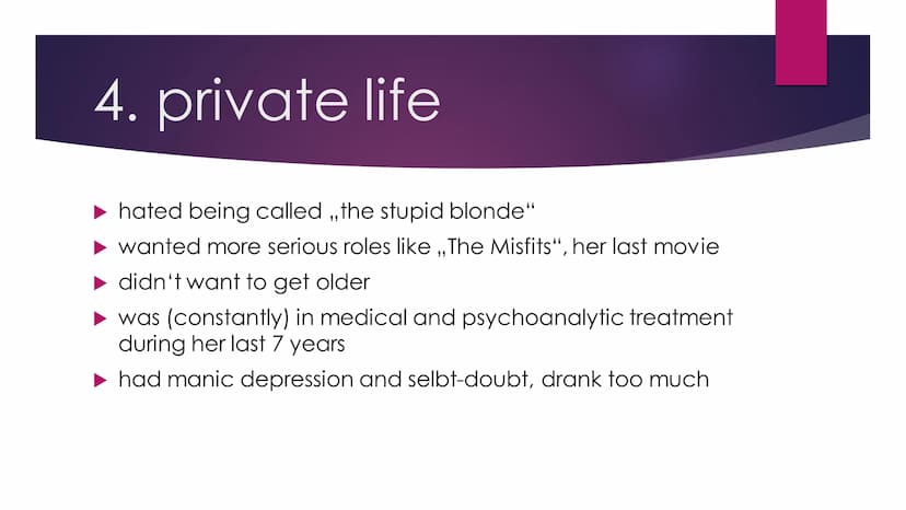 Annalena
Structure:
1.basic facts
2.life
3.movies
4.private life
5.theories of death
2.life:
-photo of marilyn
1.basic facts:
-real name: No