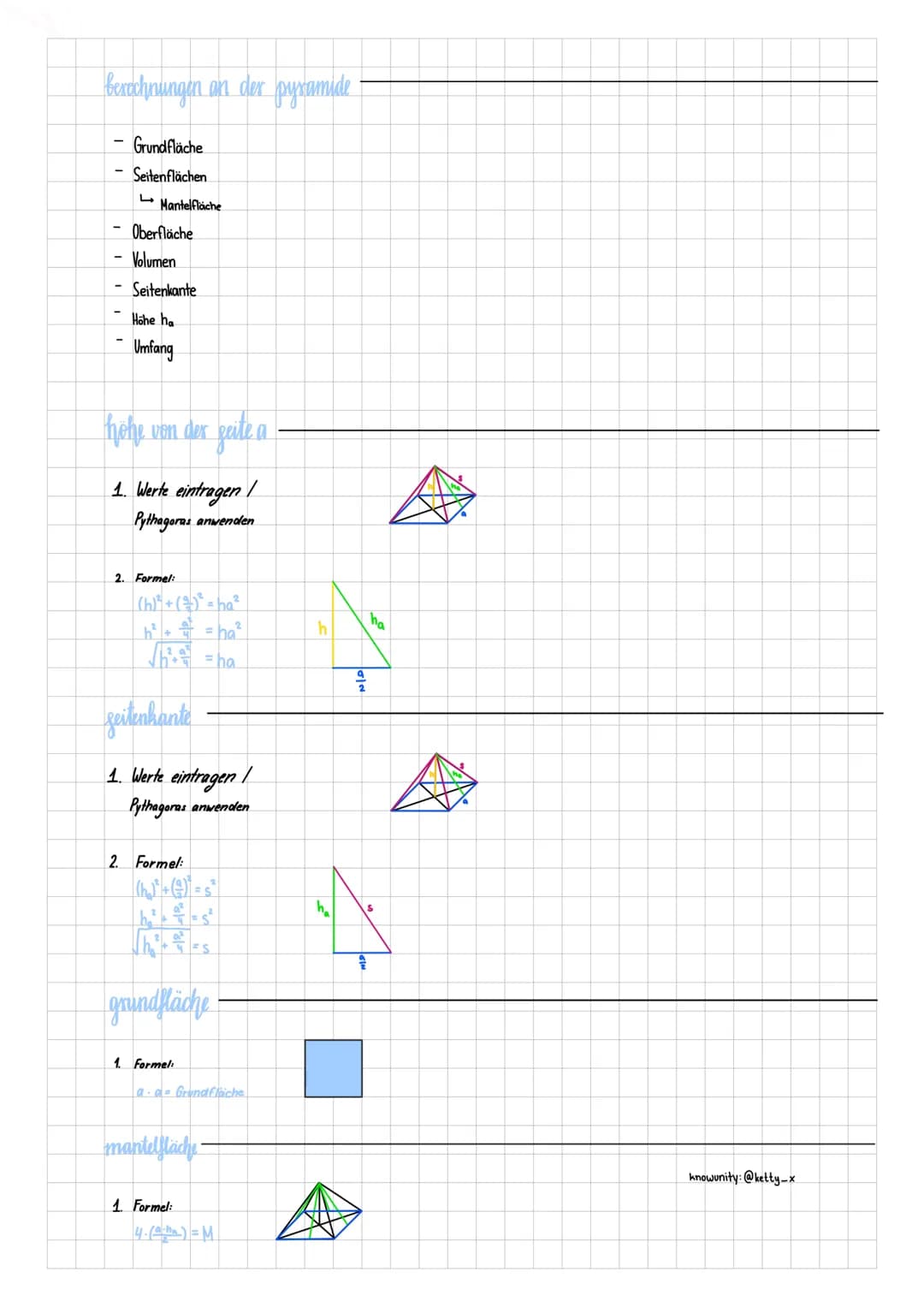 Pyramide
bestandteile
←
Pyramide
← Grundfläche
Höhe
Seitenflächen
Seitenkante/
Mantellinie
Höhe von der Seite a
Diagonale der Grundfläche
kn