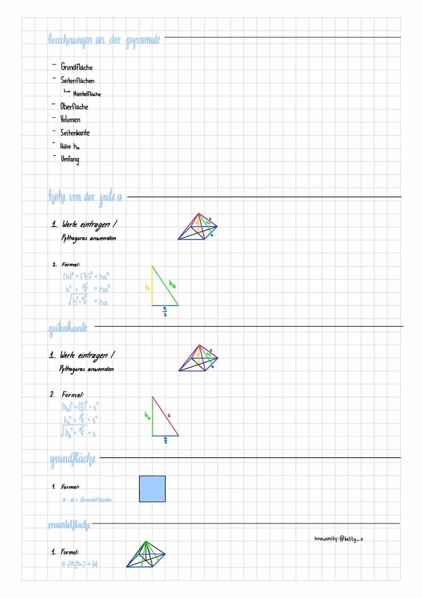Pyramide
bestandteile
←
Pyramide
← Grundfläche
Höhe
Seitenflächen
Seitenkante/
Mantellinie
Höhe von der Seite a
Diagonale der Grundfläche
kn