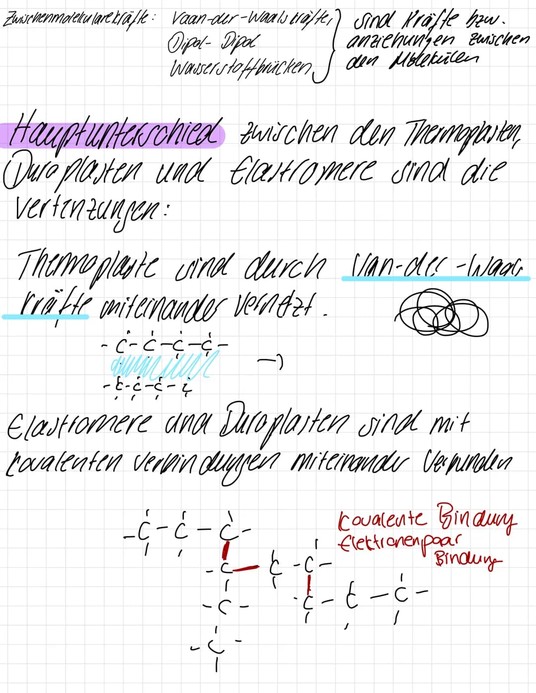 Themen der Klausur
Kunstoffe:
Thermoplast: = Plastomer - setzt sich zusammen
aus vernetzten lang-
teigen Rohlenstoff-
molekülen,
besteht aus