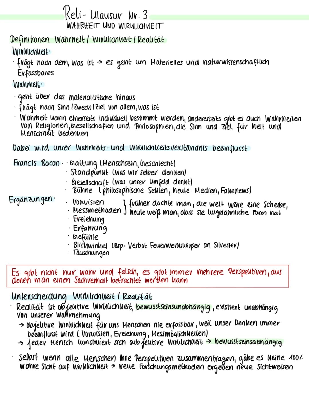 Definitionen Wahrheit / Wirklichkeit / Realität
Wirklichkeit:
Reli- Ulausur Nr. 3
WAHRHEIT UND WIRKLICHKEIT
.
frägt nach dem, was ist → es g