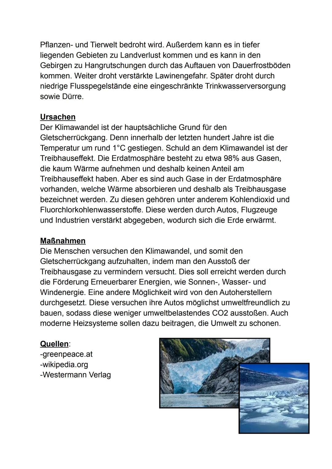 Inhaltsverzeichnis:
-Entstehung
-Aufbau
-Folgen
-Ursachen
-Maßnahmen

Gletscher

Entstehung
Voraussetzung für die Entstehung eines Gletscher