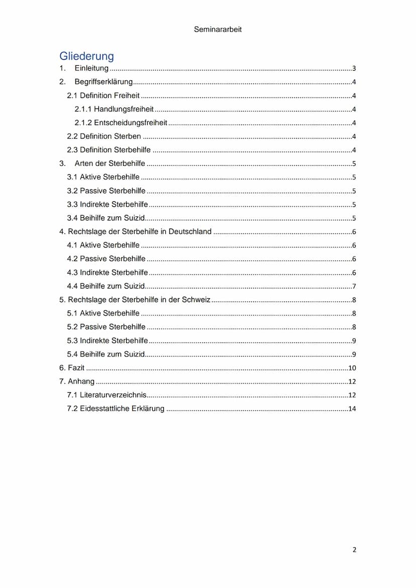 Sterbehilfe - Eine vergleichende
Analyse der Rechtslage zwischen
Deutschland und der Schweiz
Vorgelegt von:
Straße:
Wohnort:
Schuljahr 2020/
