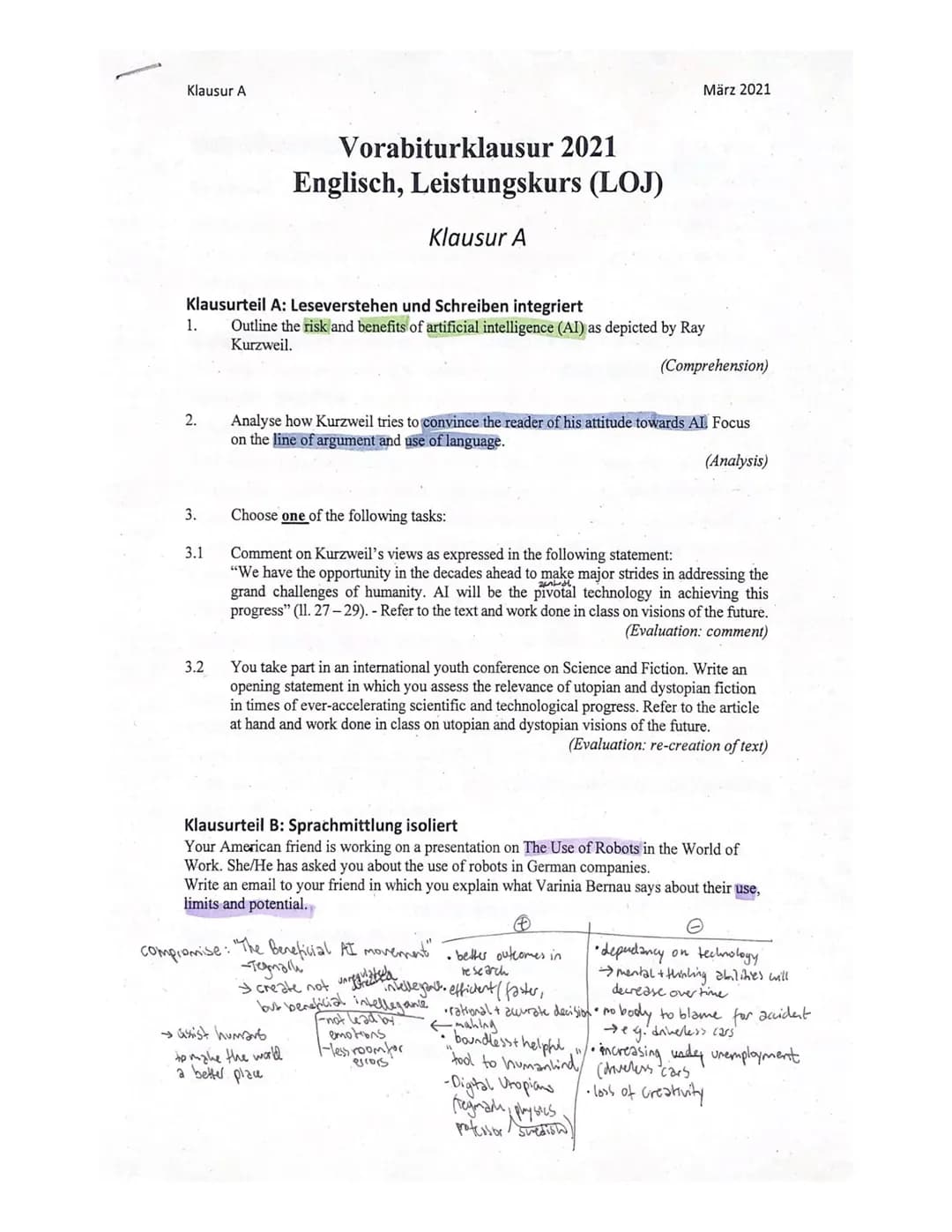 Klausur A
1.
Klausurteil A: Leseverstehen und Schreiben integriert
Outline the risk and benefits of artificial intelligence (AI) as depicted