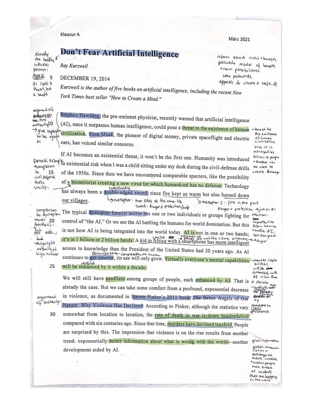 Klausur A
1.
Klausurteil A: Leseverstehen und Schreiben integriert
Outline the risk and benefits of artificial intelligence (AI) as depicted