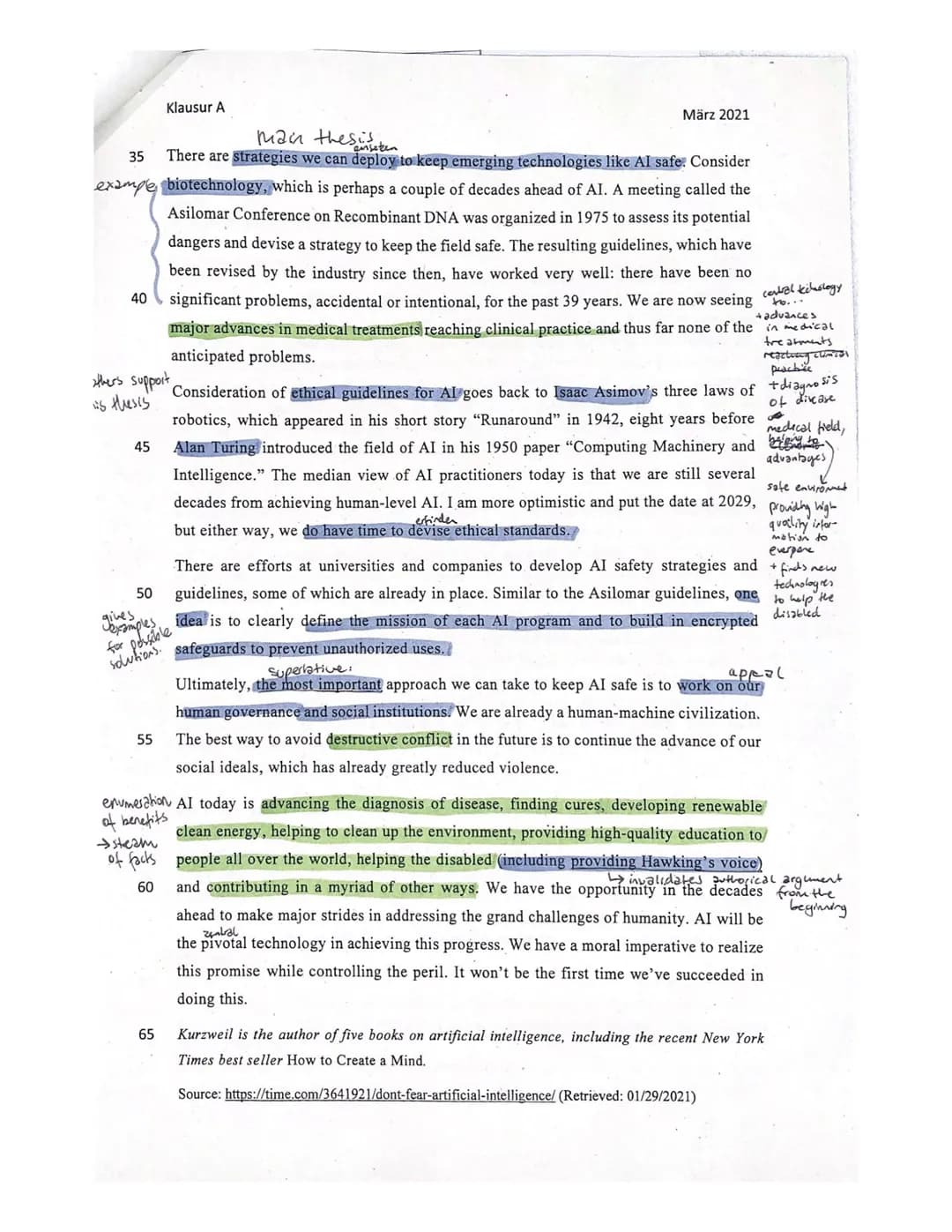 Klausur A
1.
Klausurteil A: Leseverstehen und Schreiben integriert
Outline the risk and benefits of artificial intelligence (AI) as depicted