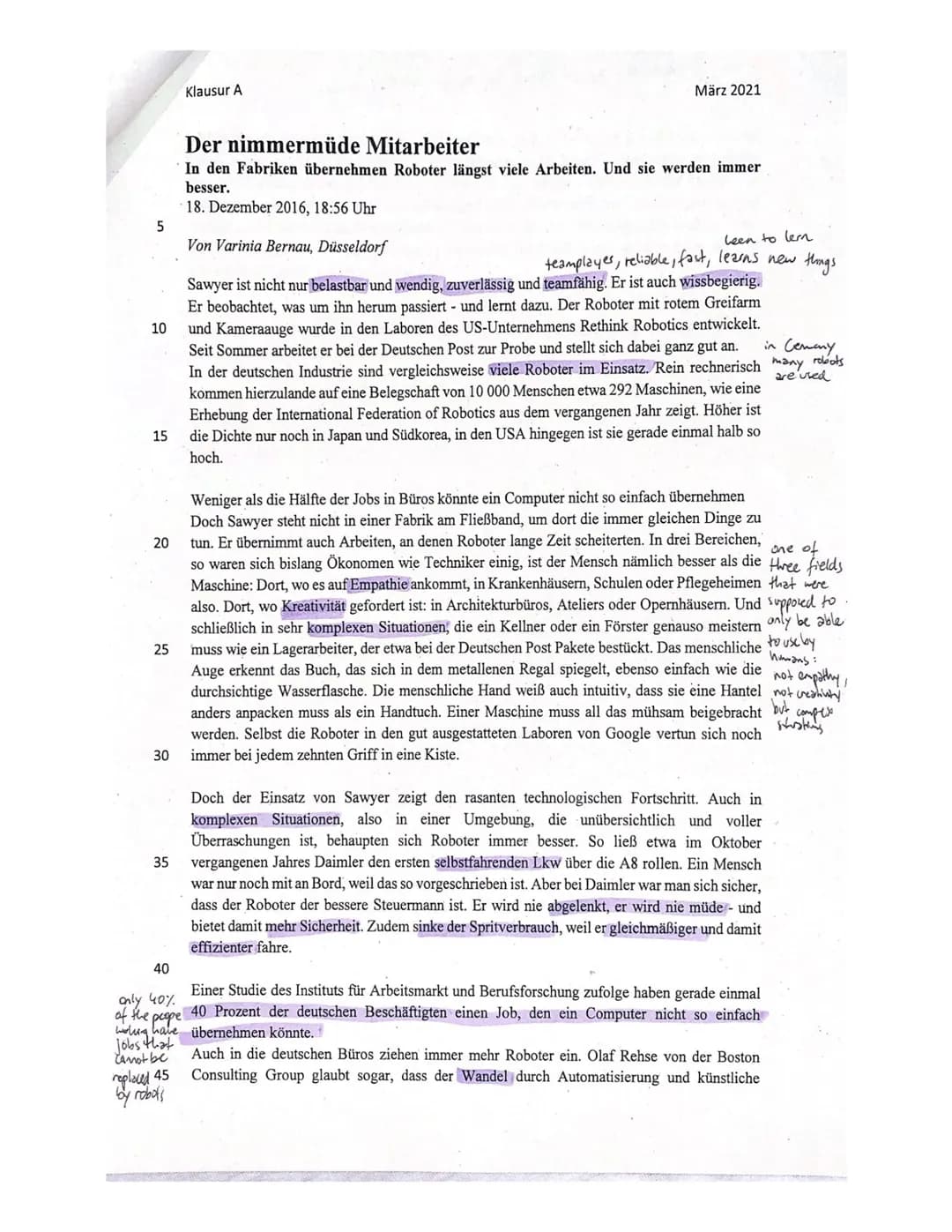 Klausur A
1.
Klausurteil A: Leseverstehen und Schreiben integriert
Outline the risk and benefits of artificial intelligence (AI) as depicted