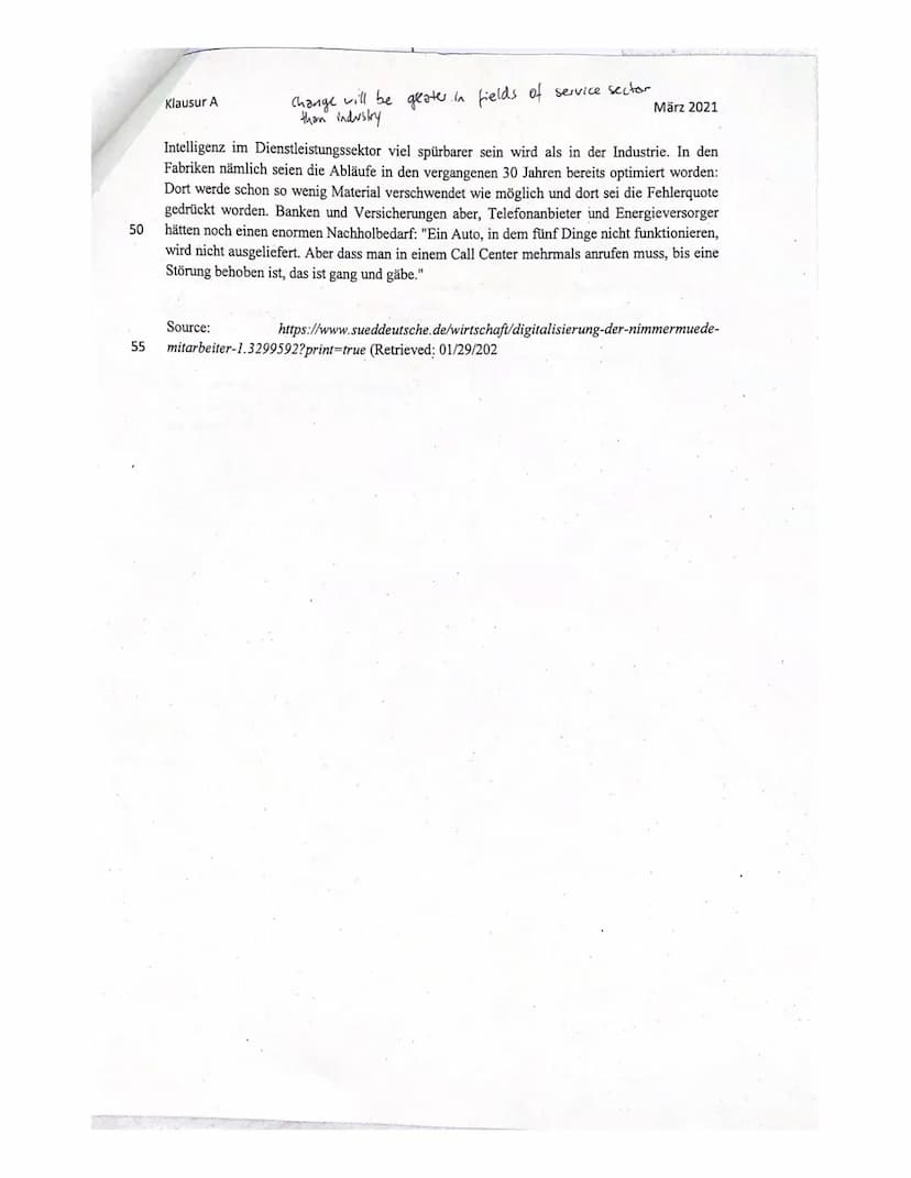 Klausur A
1.
Klausurteil A: Leseverstehen und Schreiben integriert
Outline the risk and benefits of artificial intelligence (AI) as depicted