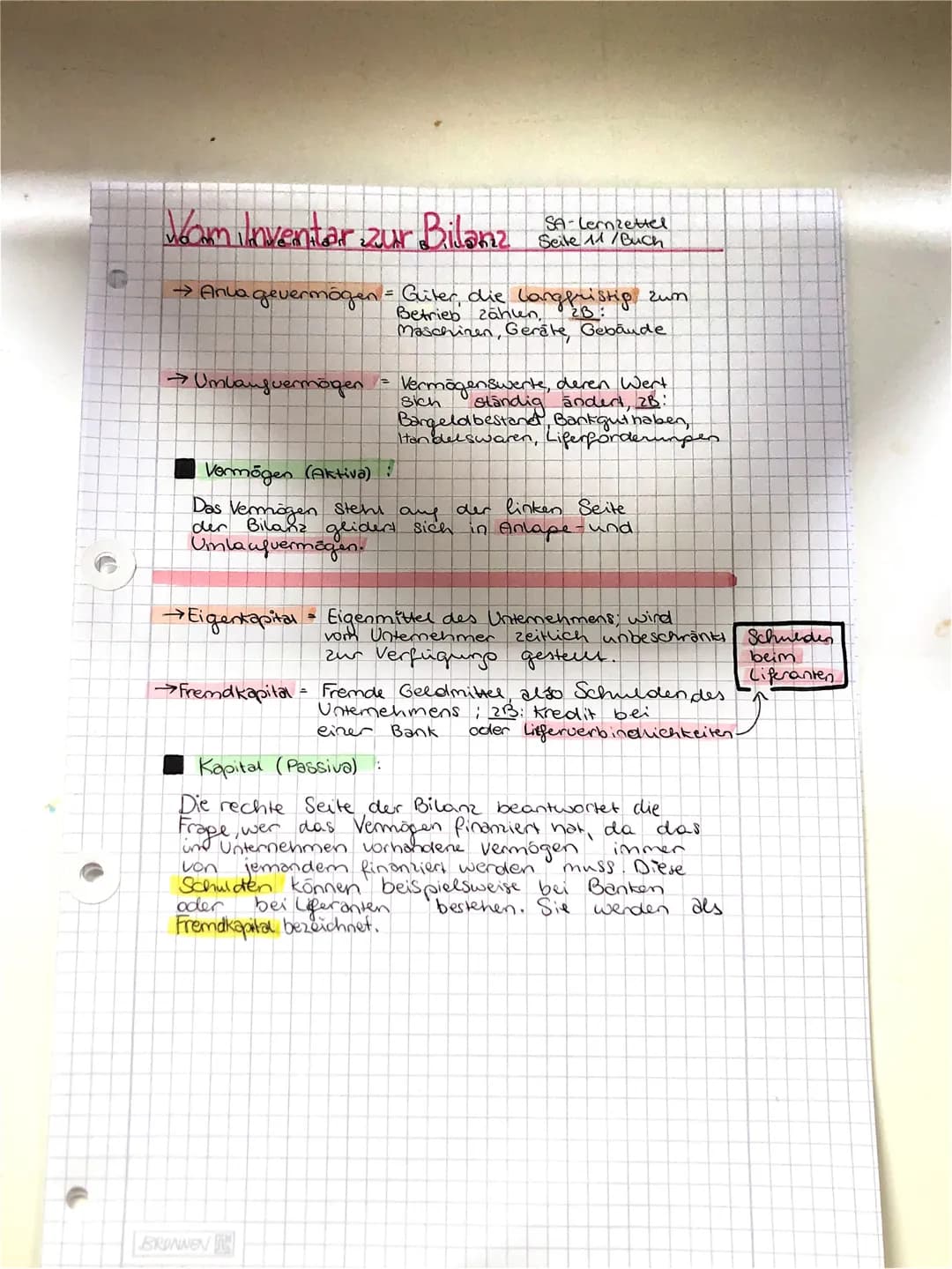 Vom Inventar zur Bilanz Seven
→Anya gevermögen = Guter, die Langfristig zum
Betrieb zählen,
2B:
Maschinen Geräte Gebäude
→ Umlaufvermögen
=
