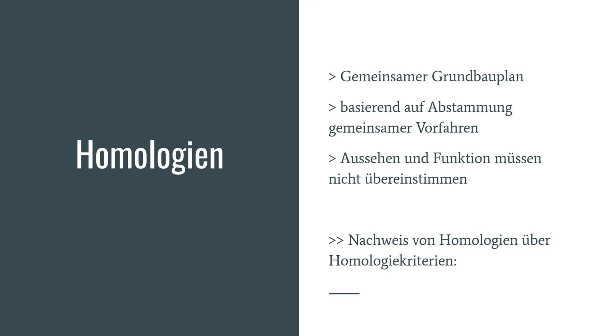 Homologie und
Analogie
Belege für die Verwandschaft Gliederung
Homologien
Homologiekriterien
Divergenz
Analogien
Konvergenz
Vergleich: Homol