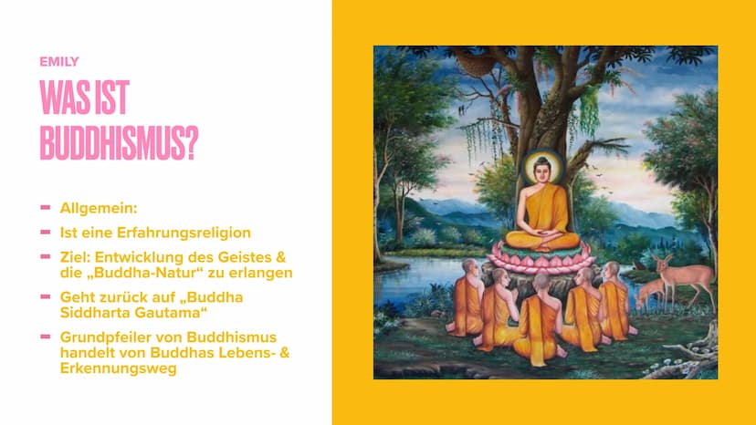 CORVIN, FABIAN, KAROLINA, LIZ UND EMILY
BUDDHISMUS GLIEDERUNG
Was ist Buddhismus?
Wer ist Buddha?
Leben eines Buddhisten
- Der buddhistische