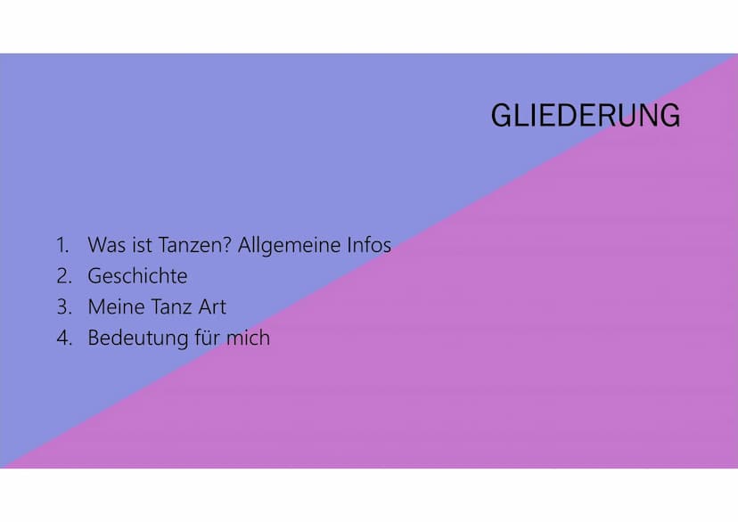 Tanzen
Präsentation von Aileen 1. Was ist Tanzen? Allgemeine Infos
2. Geschichte
3. Meine Tanz Art
4. Bedeutung für mich
GLIEDERUNG WAS IST 