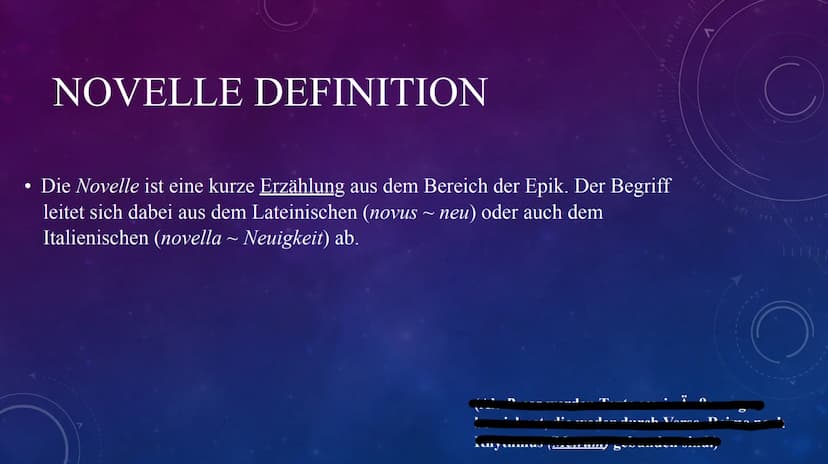 40 150
160
V
DIE NOVELLE
170 180
190 20
0 NOVELLE DEFINITION
• Die Novelle ist eine kurze Erzählung aus dem Bereich der Epik. Der Begriff
le