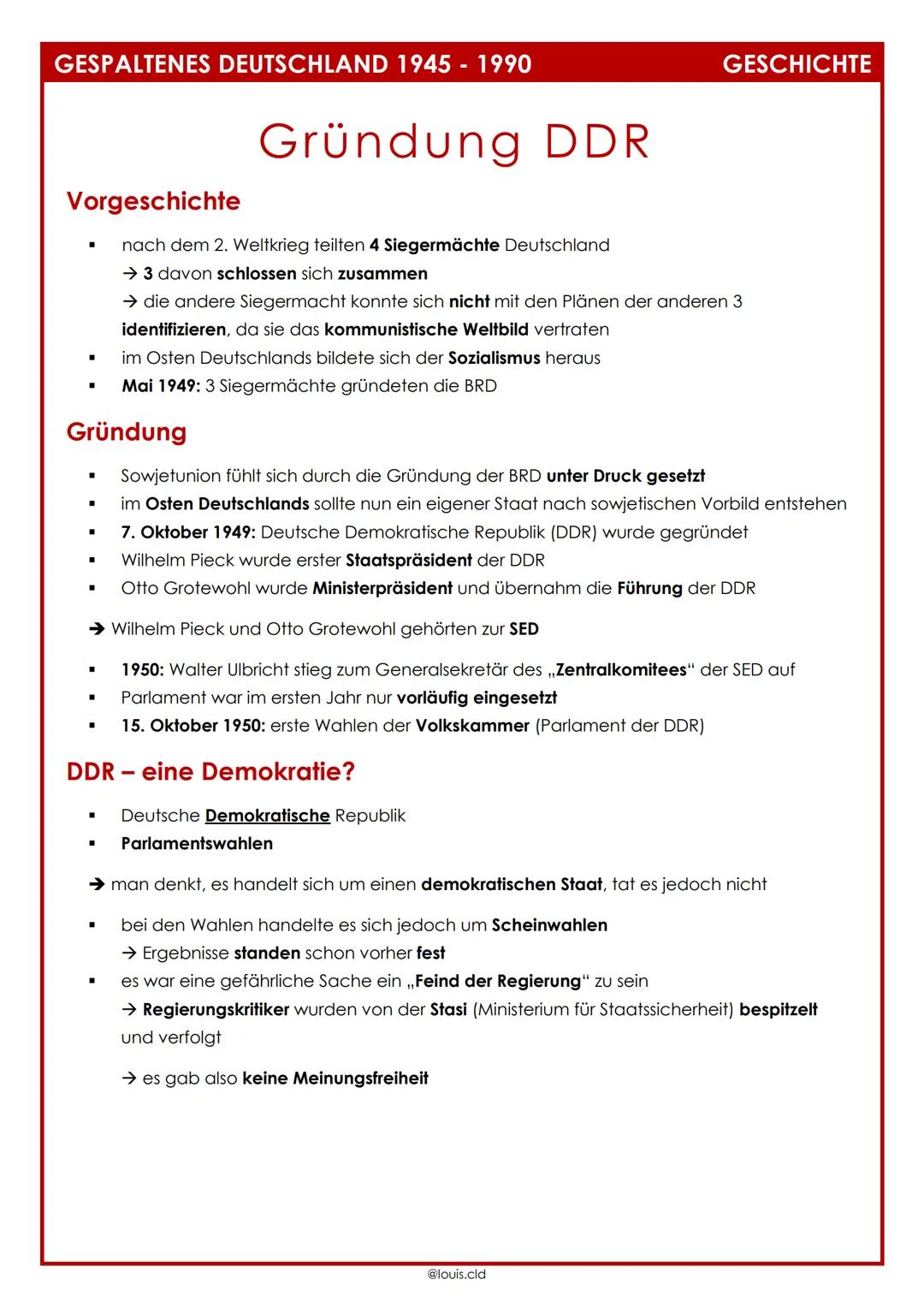 # GESPALTENES DEUTSCHLAND 1945 - 1990

GESCHICHTE

# Gründung DDR

# Vorgeschichte

*   nach dem 2. Weltkrieg teilten 4 Siegermächte Deutsch