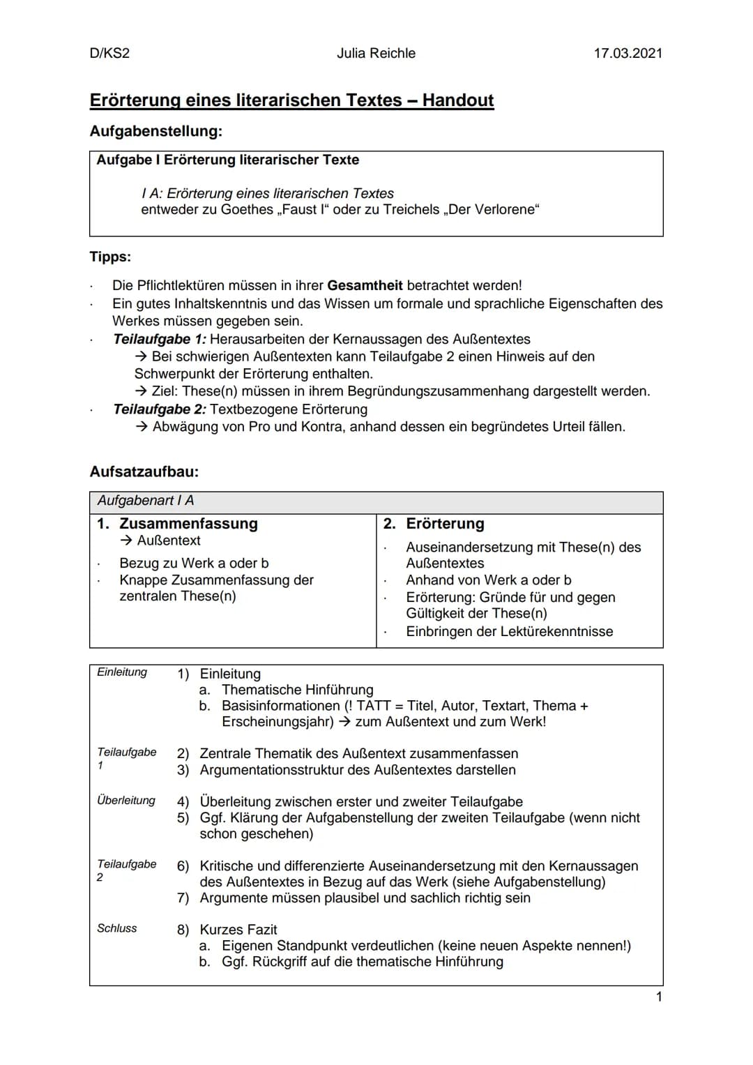 D/KS2
Erörterung eines literarischen Textes - Handout
Aufgabenstellung:
Aufgabe I Erörterung literarischer Texte
IA: Erörterung eines litera