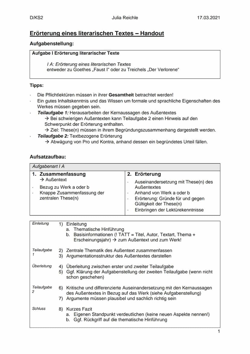 D/KS2
Erörterung eines literarischen Textes - Handout
Aufgabenstellung:
Aufgabe I Erörterung literarischer Texte
IA: Erörterung eines litera