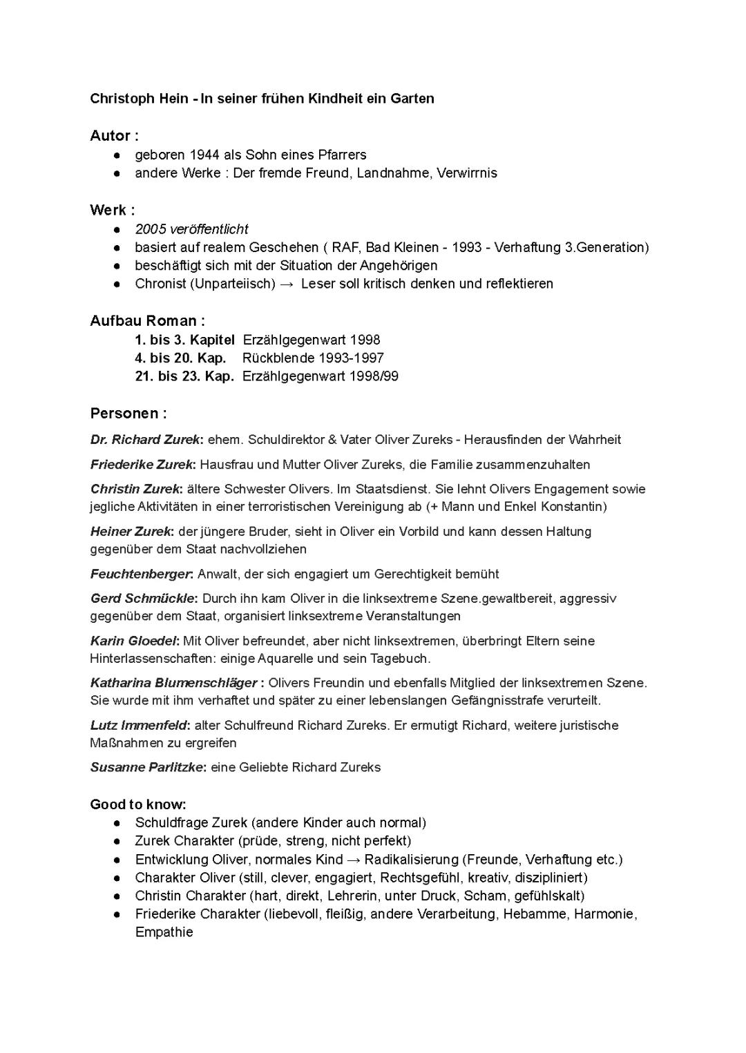 Zusammenfassung "In seiner frühen Kindheit ein Garten" von Christoph Hein