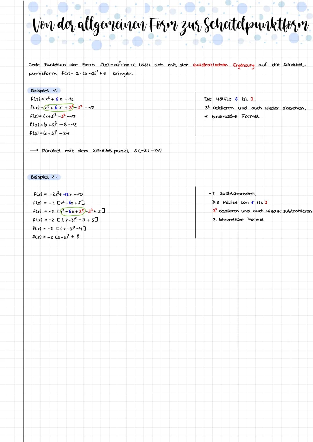 Von der allgemeinen Form zur Scheitelpunktform
Jede Funktion der Form
flx) = ax²+bx+c Lässt sich mit der quadratischen Ergänzung auf die Sch