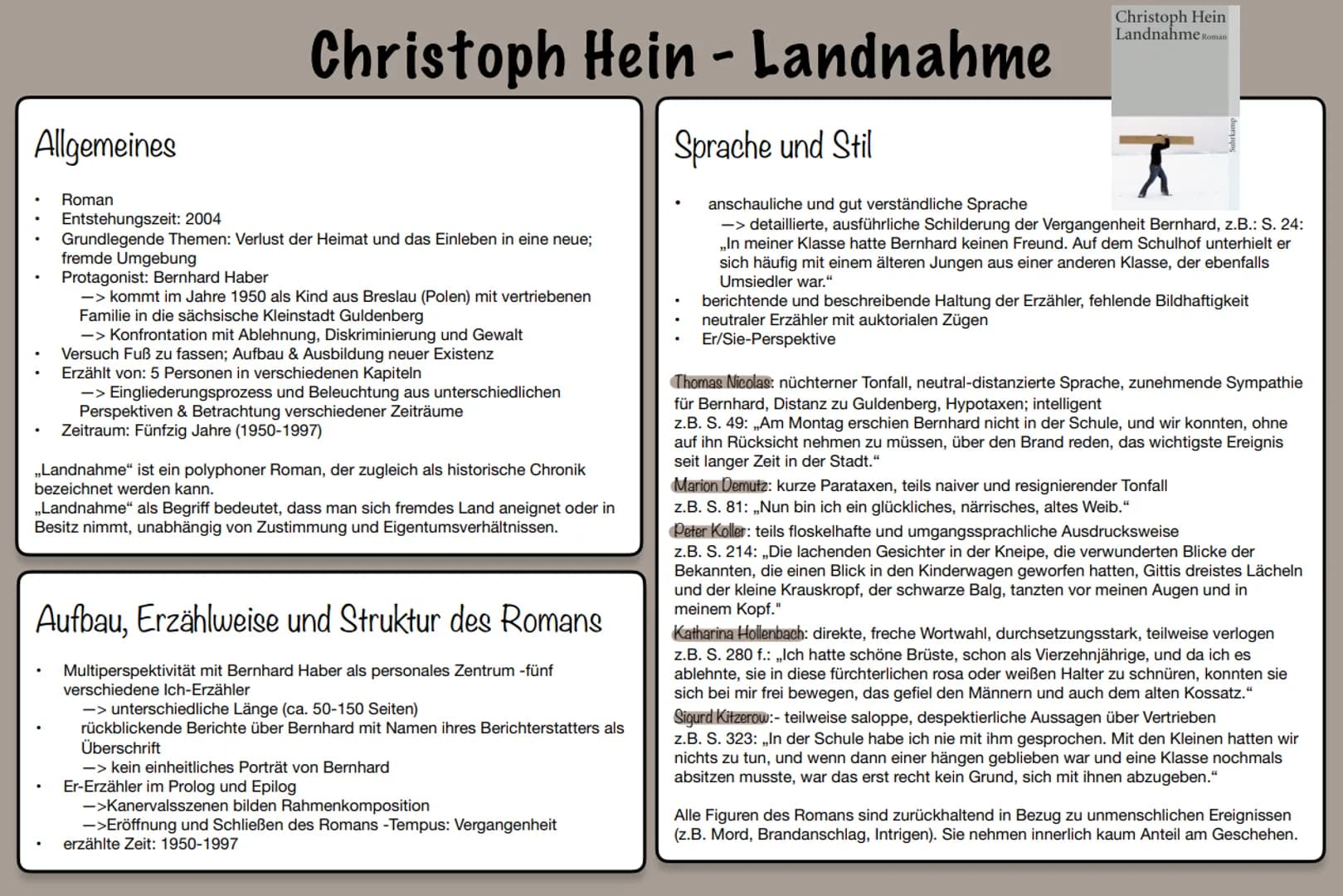 Allgemeines
.
.
Christoph Hein - Landnahme
Sprache und Stil
Roman
Entstehungszeit: 2004
Grundlegende Themen: Verlust der Heimat und das Einl