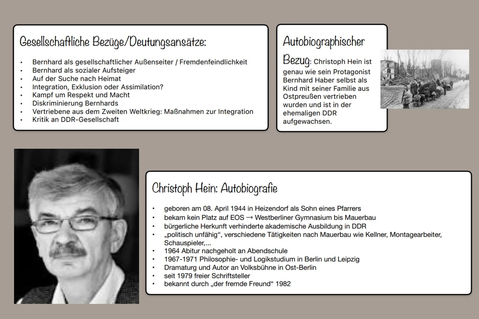 Allgemeines
.
.
Christoph Hein - Landnahme
Sprache und Stil
Roman
Entstehungszeit: 2004
Grundlegende Themen: Verlust der Heimat und das Einl