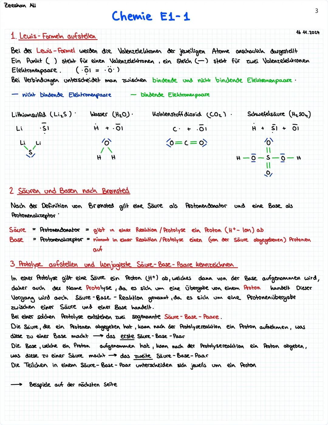 Zeeshan Ali

1. Lewis-Formeln aufstellen
Chemie E1-1
3
16.11.2024
Bei der Lewis-Formel werden die Valenzelektronen der jeweiligen Atome ansc