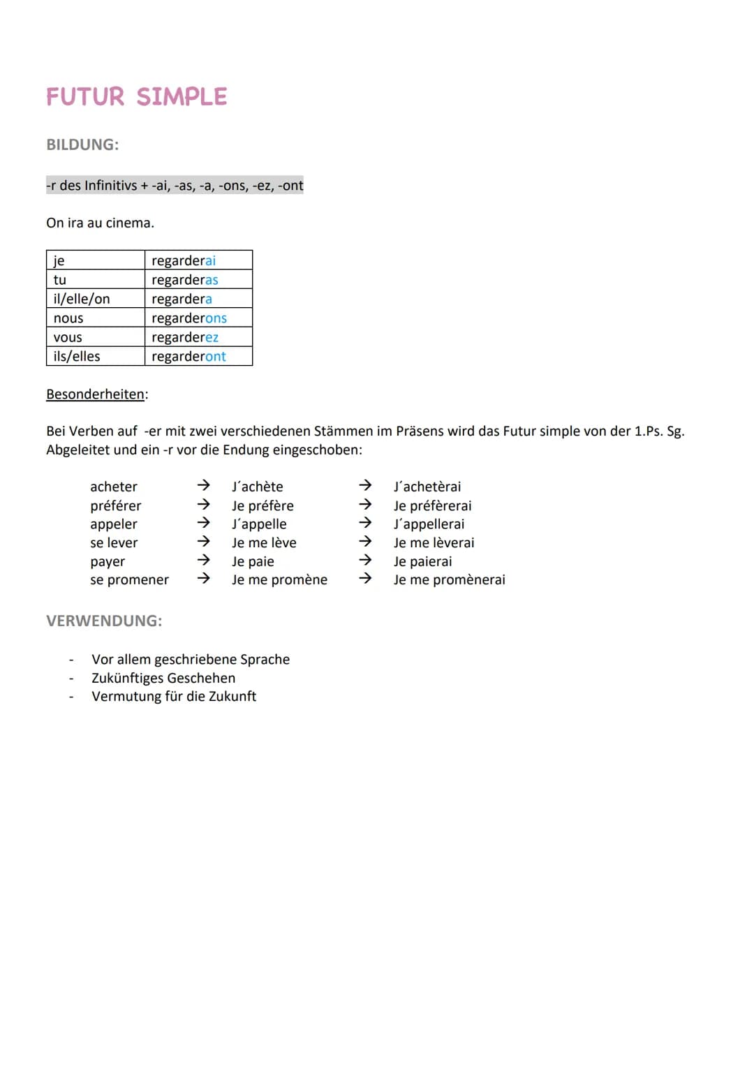 Zeitformen
PRÉSENT
Bildung:
-e, -es, -s, -ons, -ez, -ent
Je regarde l'affiche.
je
tu
il/elle/on
nous
vous
Ils/elles
VERWENDUNG:
Beschreiben 