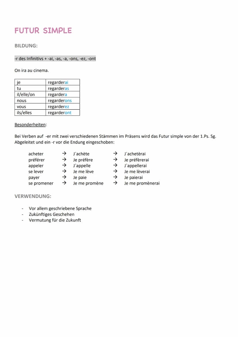 Zeitformen
PRÉSENT
Bildung:
-e, -es, -s, -ons, -ez, -ent
Je regarde l'affiche.
je
tu
il/elle/on
nous
vous
Ils/elles
VERWENDUNG:
Beschreiben 