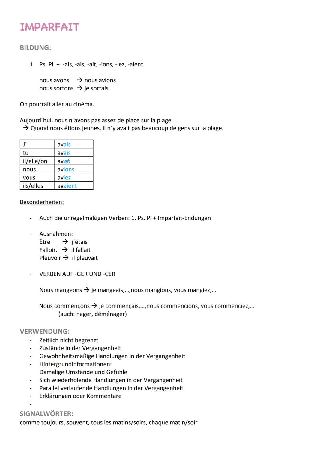 Zeitformen
PRÉSENT
Bildung:
-e, -es, -s, -ons, -ez, -ent
Je regarde l'affiche.
je
tu
il/elle/on
nous
vous
Ils/elles
VERWENDUNG:
Beschreiben 