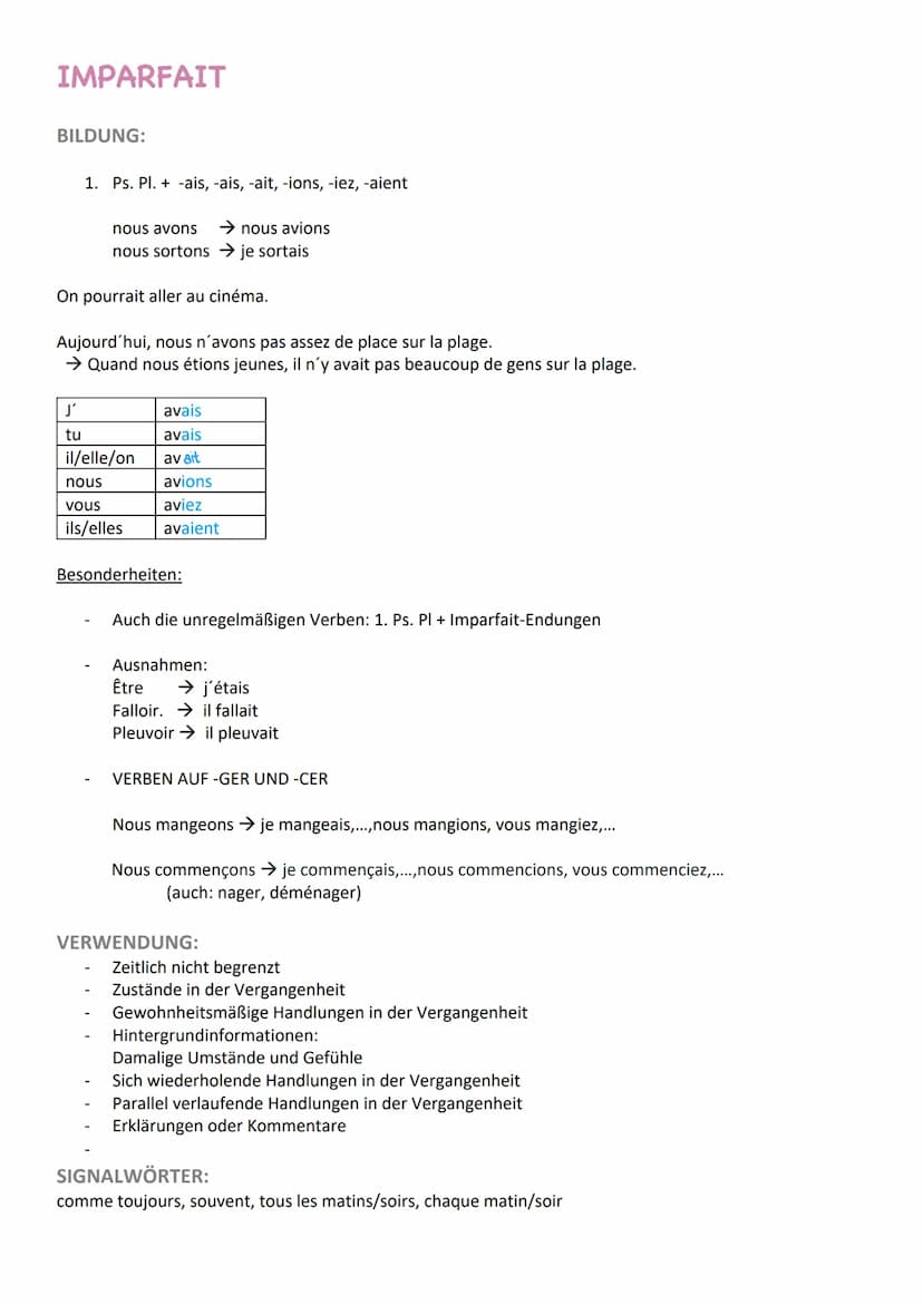 Zeitformen
PRÉSENT
Bildung:
-e, -es, -s, -ons, -ez, -ent
Je regarde l'affiche.
je
tu
il/elle/on
nous
vous
Ils/elles
VERWENDUNG:
Beschreiben 