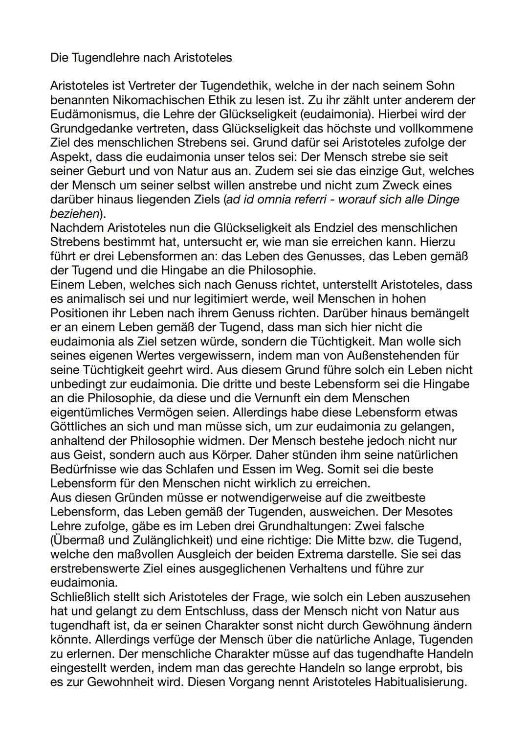 # Die Tugendlehre nach Aristoteles

Aristoteles ist Vertreter der Tugendethik, welche in der nach seinem Sohn
benannten Nikomachischen Ethik