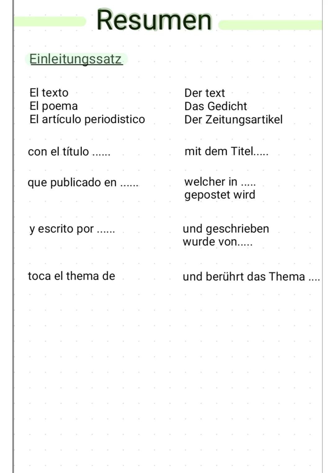 Resumen
Einleitungssatz
El texto
El poema
El artículo periodistico
con el título ......
que publicado en
y escrito por.
toca el thema de
Der