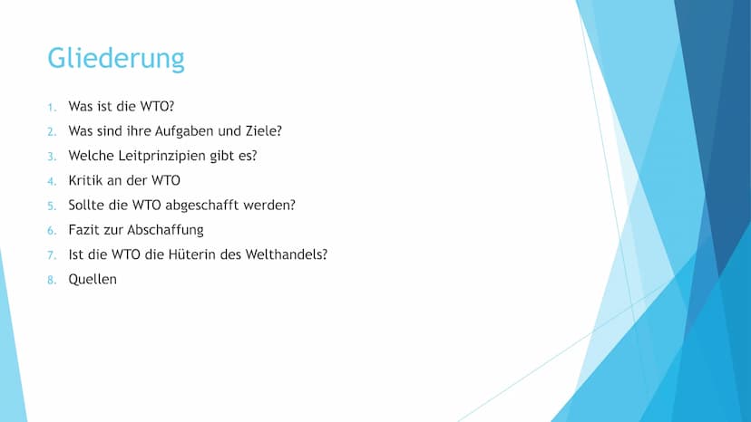 Die WTO -
Hüterin des Welthandels?
Präsentation von Darja Tkatsch und Elena Rüll Gliederung
1. Was ist die WTO?
2. Was sind ihre Aufgaben un